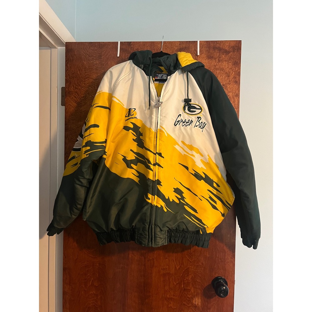 Vintage 90s Logo Athletic Puffer Jacket Mens XL Green Yellow NFL Packers Hooded